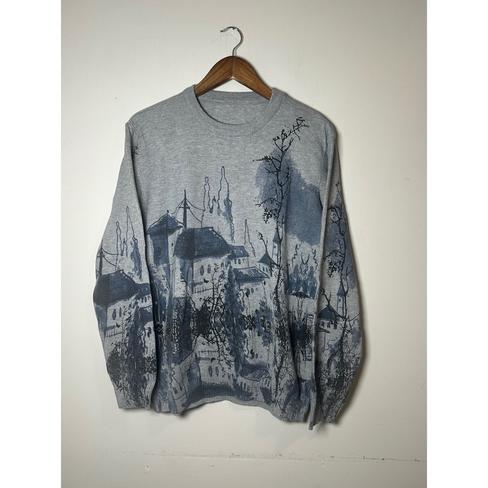 Womens Oversized Blue/Grey Ink Landscape Graphic Knit Crew Neck Sweater Large L